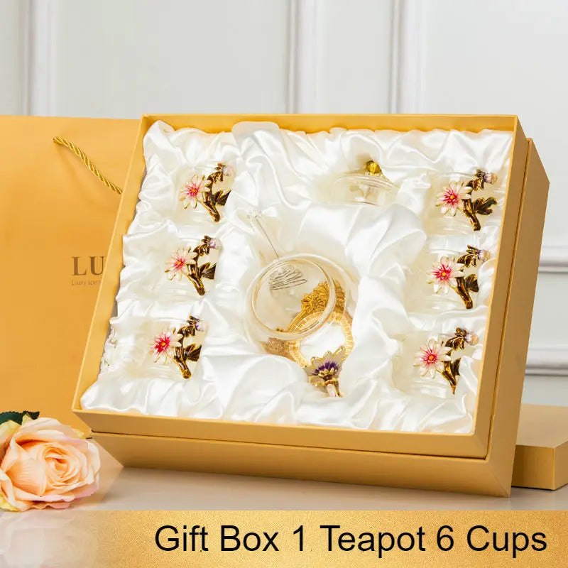 DecorBites™ Daisy Enamel Crystal Glass Teapot Set for Hot and Cold Drinks