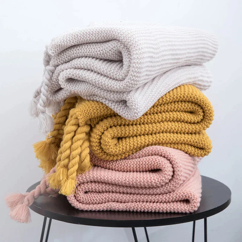 DecorBites™ Knit Throw Blanket Ivory Pink Solid Soft Plaid Tassels 50"x62"