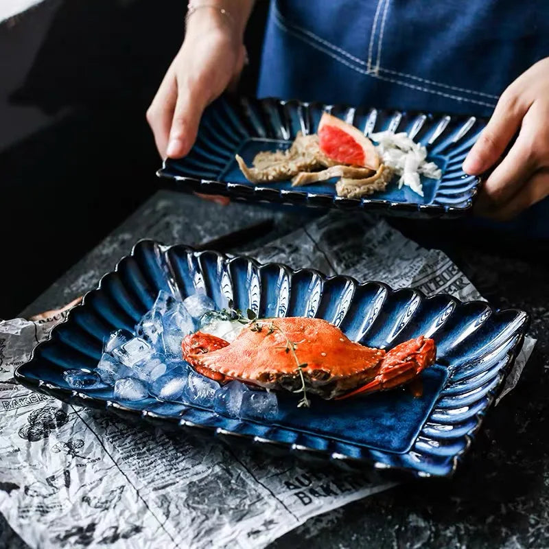 DecorBites™ Klin Glazed Ceramic Rectangle Dinner Plate - Sushi Fish Display Tray