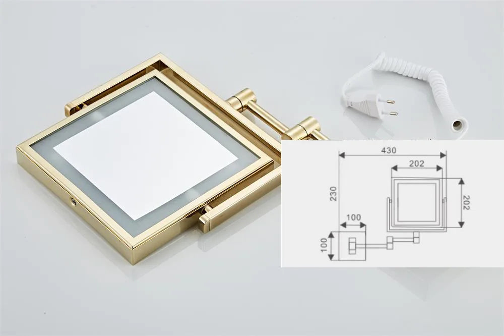 DecorBites™ Gold LED Wall Mounted Makeup Mirror 3X/1X Folding Square Cosmetic Mirror