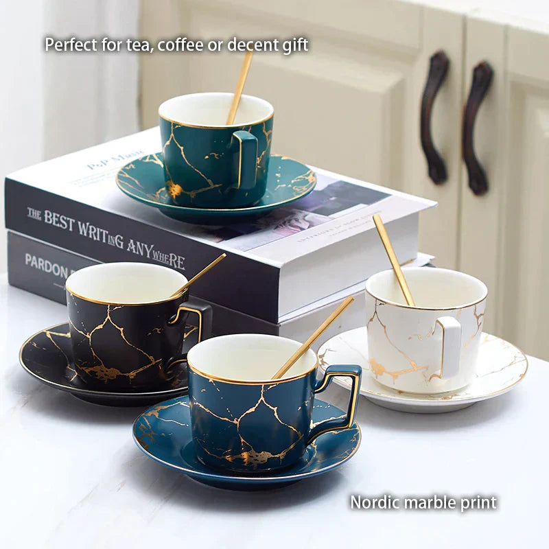 DecorBites™ 200ml Marble Ceramic Tea Set with Spoon and Saucer
