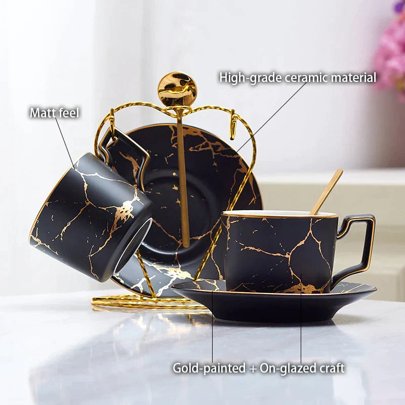 DecorBites™ 200ml Marble Ceramic Tea Set with Spoon and Saucer