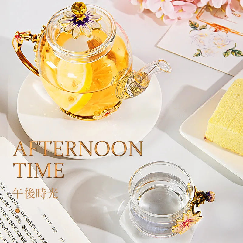 DecorBites™ Daisy Enamel Crystal Glass Teapot Set for Hot and Cold Drinks