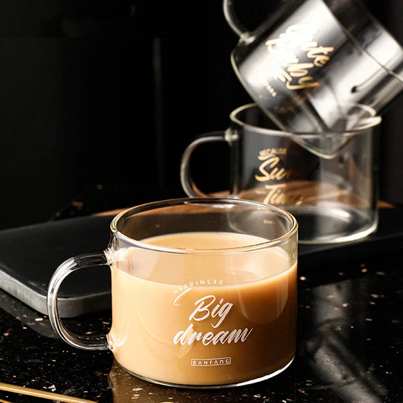 DecorBites™ Creative Alphabet Glass Juice Cup with Handle | Personalized Office Tea and Dessert Cup