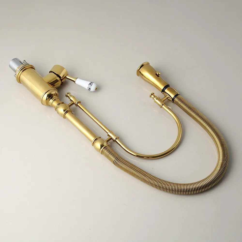 DecorBites™ Golden Kitchen Faucet Vessel Sink Swivel Mixer Tap with Pull Down Spring