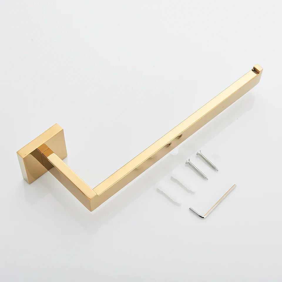 DecorBites™ Gold Bathroom Hardware Set: Robe Hook, Towel Rail, Shelf, Tissue Holder