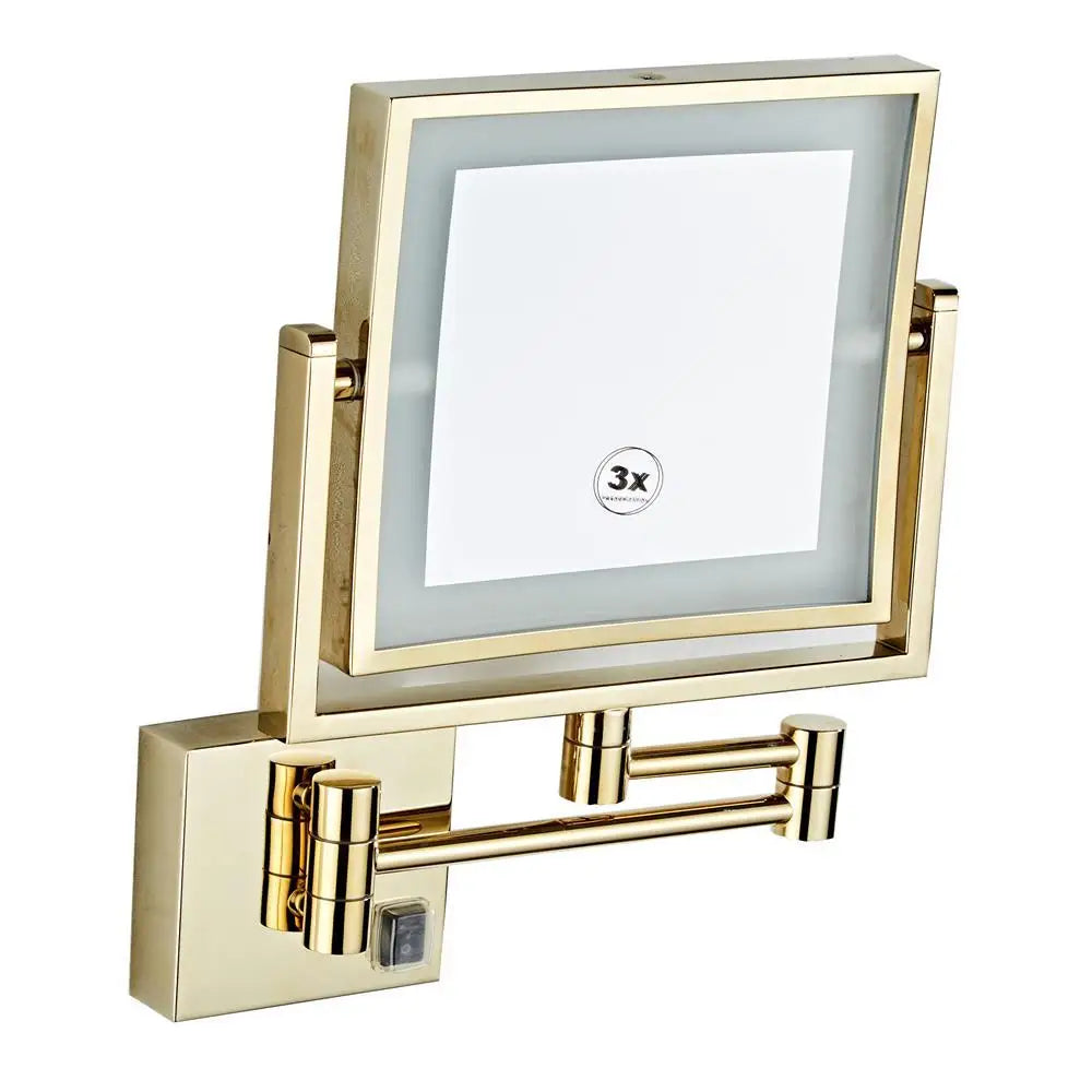 DecorBites™ Gold LED Wall Mounted Makeup Mirror 3X/1X Folding Square Cosmetic Mirror