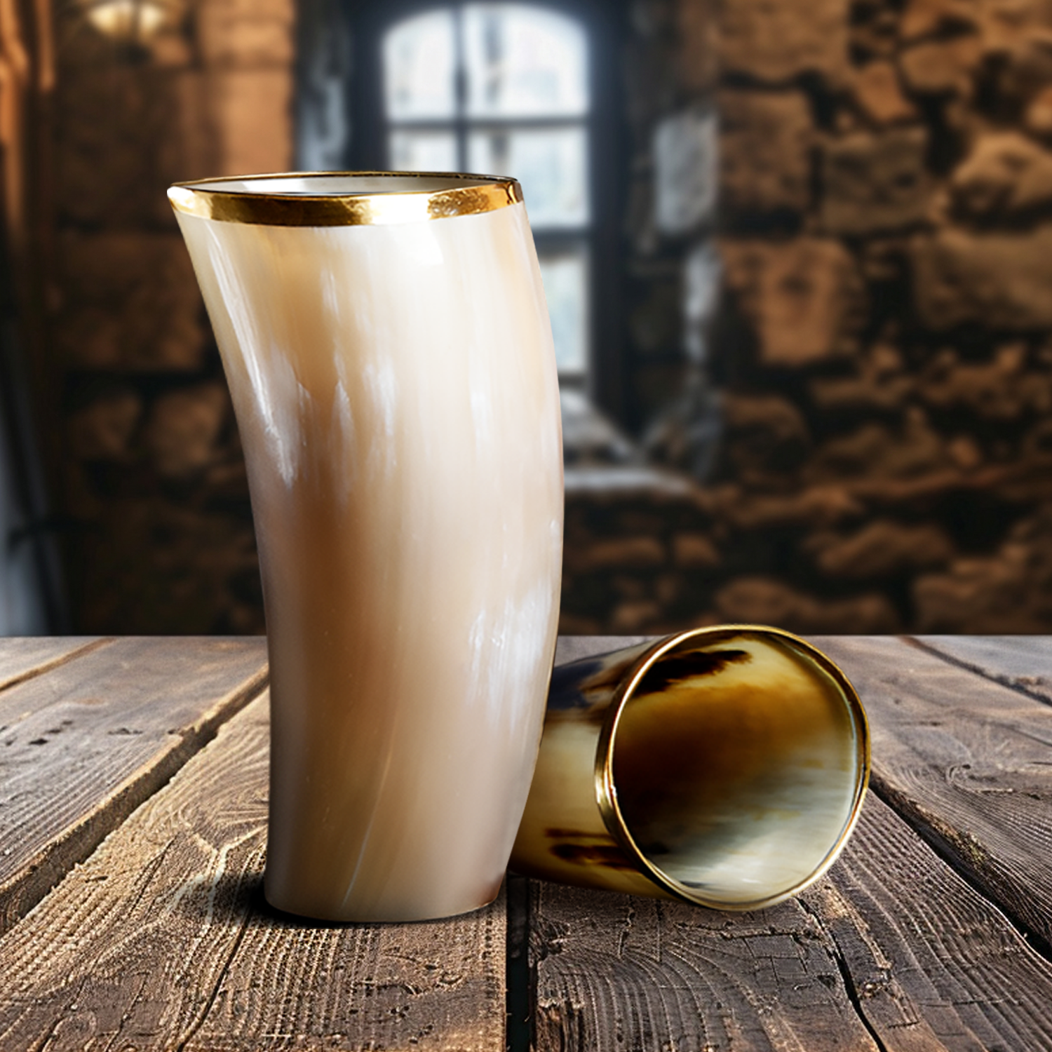 Horn Glasses 8.-10oz Natural Horn Drinkware with Brass Rim - Rustic Bar Glass