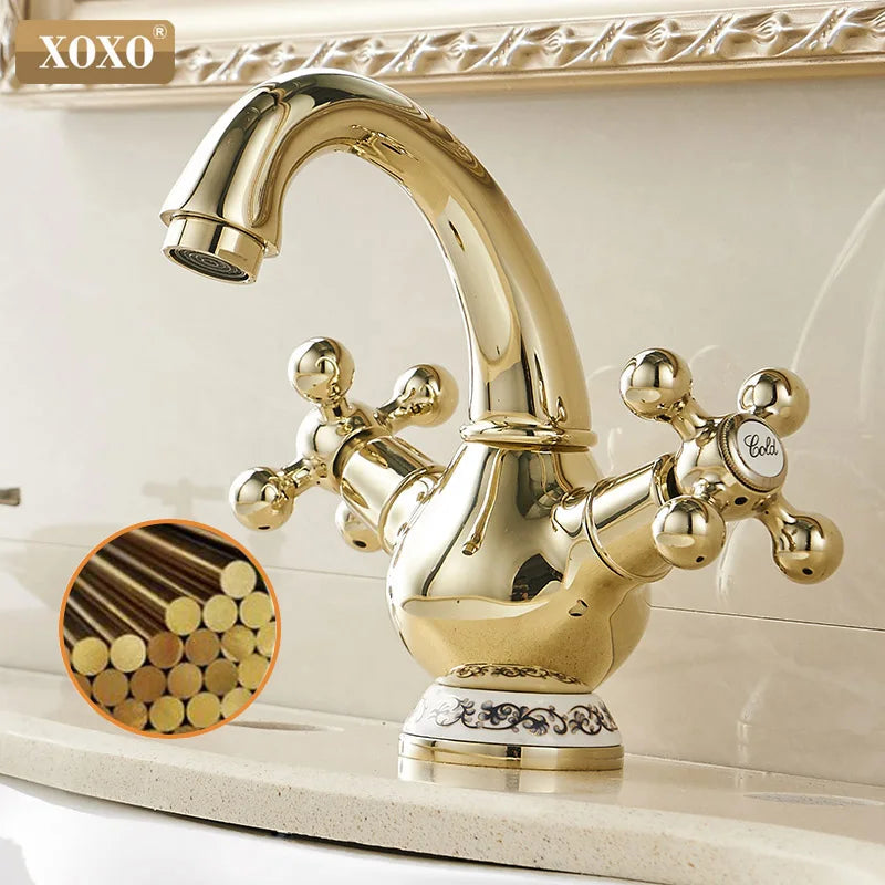 DecorBites™ Double Handle Chrome Basin Faucet with Ceramic Decoration