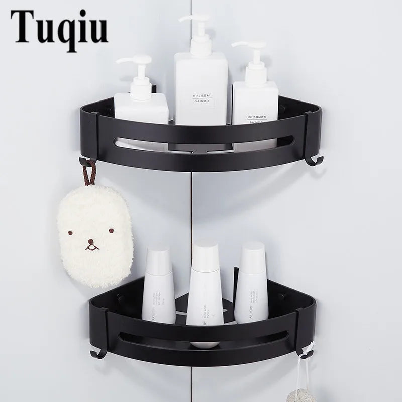 DecorBites™ Black Aluminum Wall Mounted Bathroom Corner Shelf for Bath and Kitchen Storage