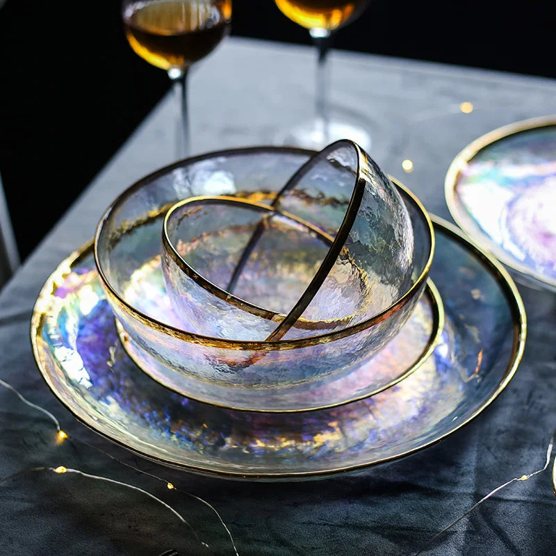 DecorBites™ Hammer Grain Gold Glass Salad Bowl - Round Ceramic Fruit Bowl