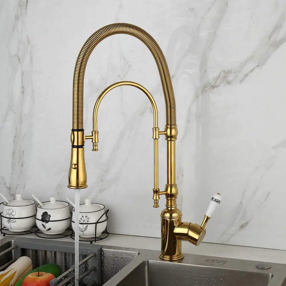 DecorBites™ Golden Kitchen Faucet Vessel Sink Swivel Mixer Tap with Pull Down Spring
