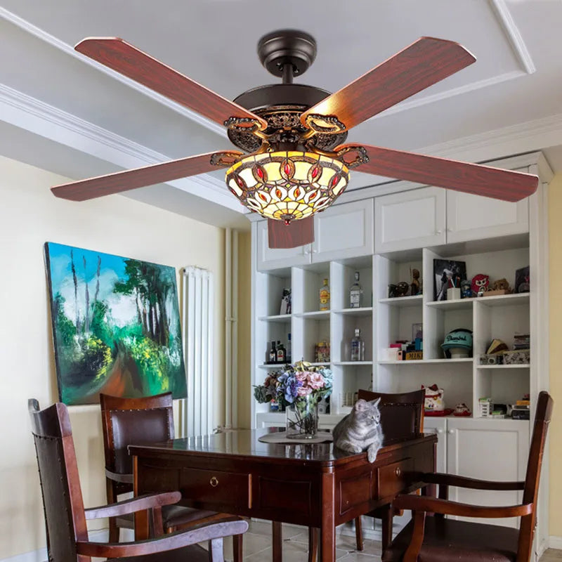 DecorBites™ 52-inch Tiffany Ceiling Fan Light with Remote Control and Wood Leaf Design