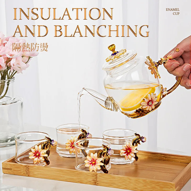 DecorBites™ Daisy Enamel Crystal Glass Teapot Set for Hot and Cold Drinks
