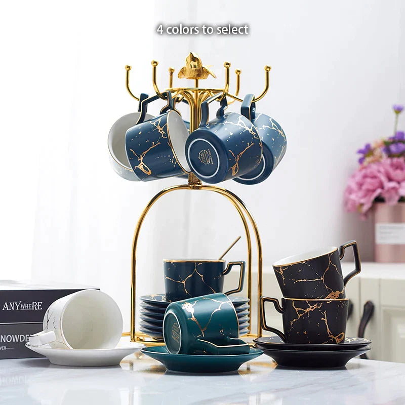 DecorBites™ 200ml Marble Ceramic Tea Set with Spoon and Saucer
