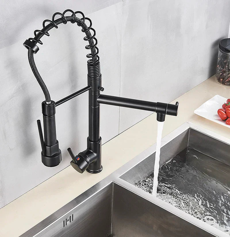 DecorBites™ Black Brass Kitchen Faucet with Dual Spout, 360 Rotation, Deck Mounted