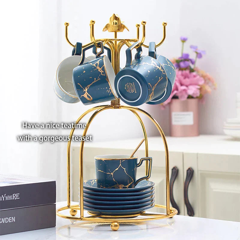 DecorBites™ 200ml Marble Ceramic Tea Set with Spoon and Saucer