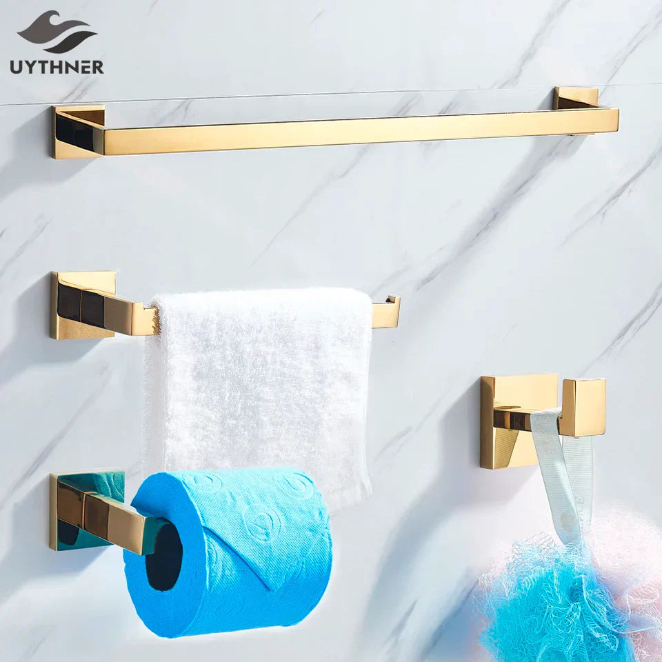 DecorBites™ Gold Bathroom Hardware Set: Robe Hook, Towel Rail, Shelf, Tissue Holder