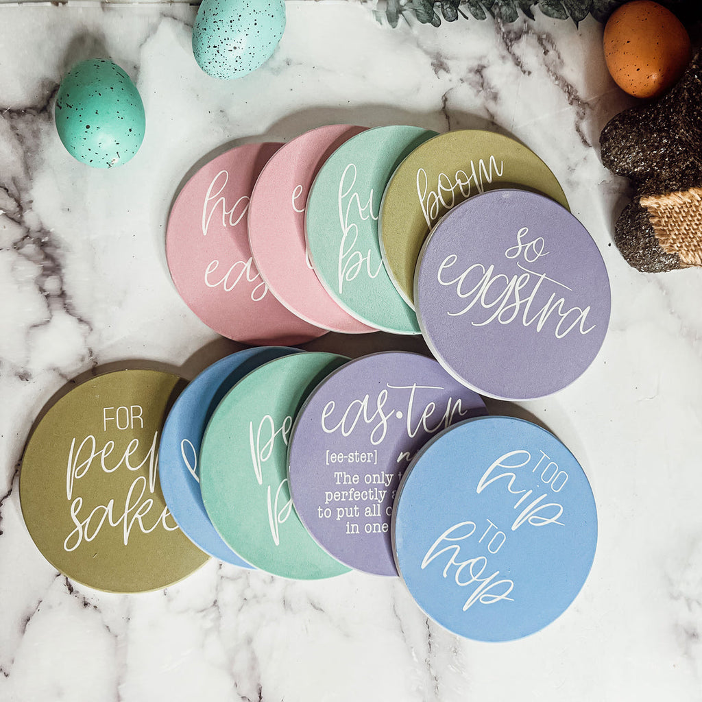 Easter Spring Ceramic Coasters 4in Set Cute Floral Bunny Drink Table Coasters