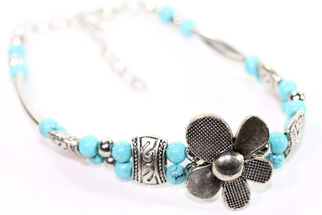 Turquoise Silver Petal Flower Bracelet With Extender