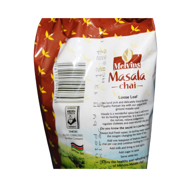 Melvins Masala Chai 250g back label showing ingredients cardamom ginger cinnamon cloves