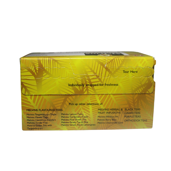 Melvins Lemon Ginger Glow 25 individually wrapped tea bags inside open box
