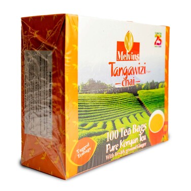 Melvins Tangawizi Ginger Chai tea box angled view showing 100 pure Kenyan tea bags packaging