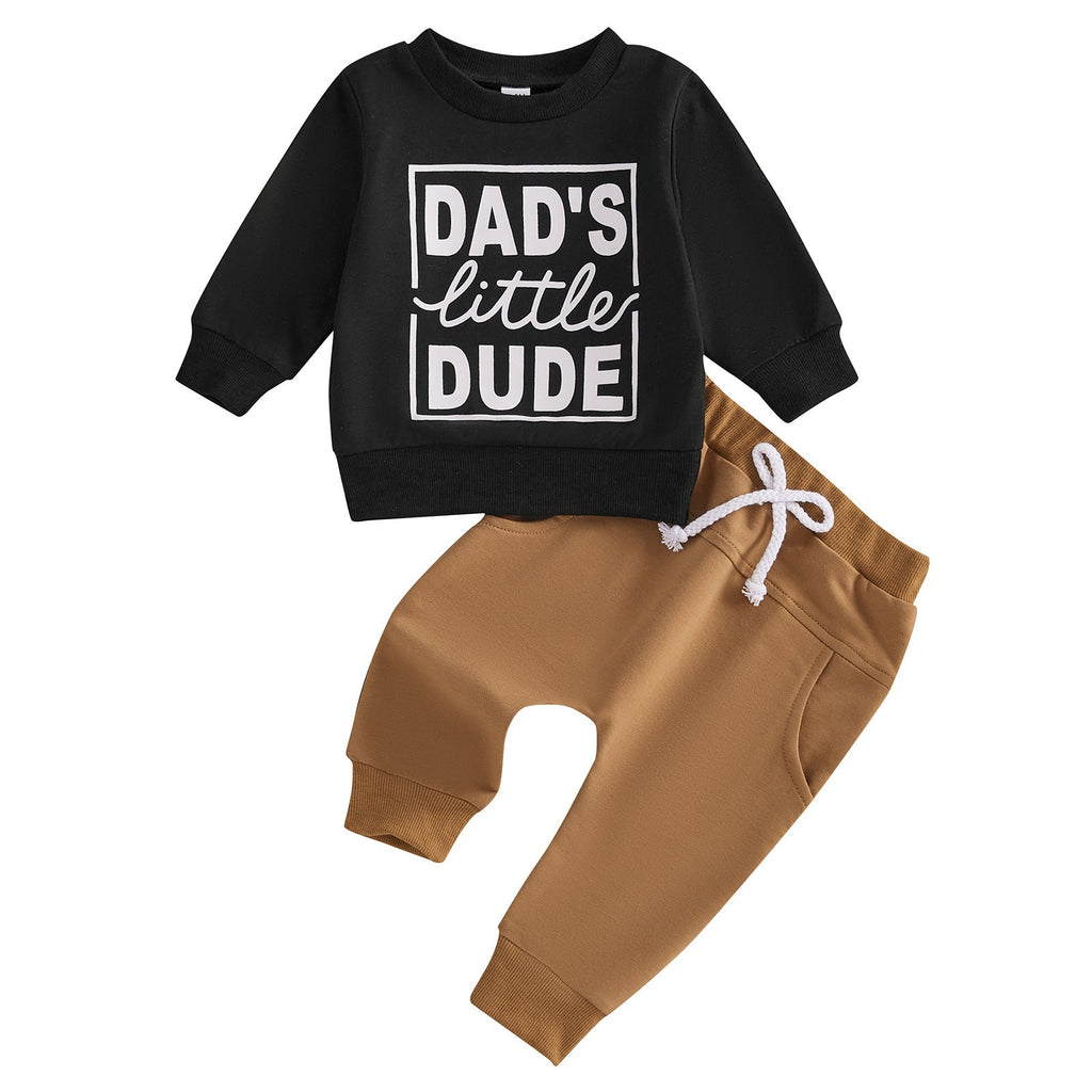 Boys' Letter Printed Long-sleeved Pullover Sweater Solid Color Trousers Two-piece Set