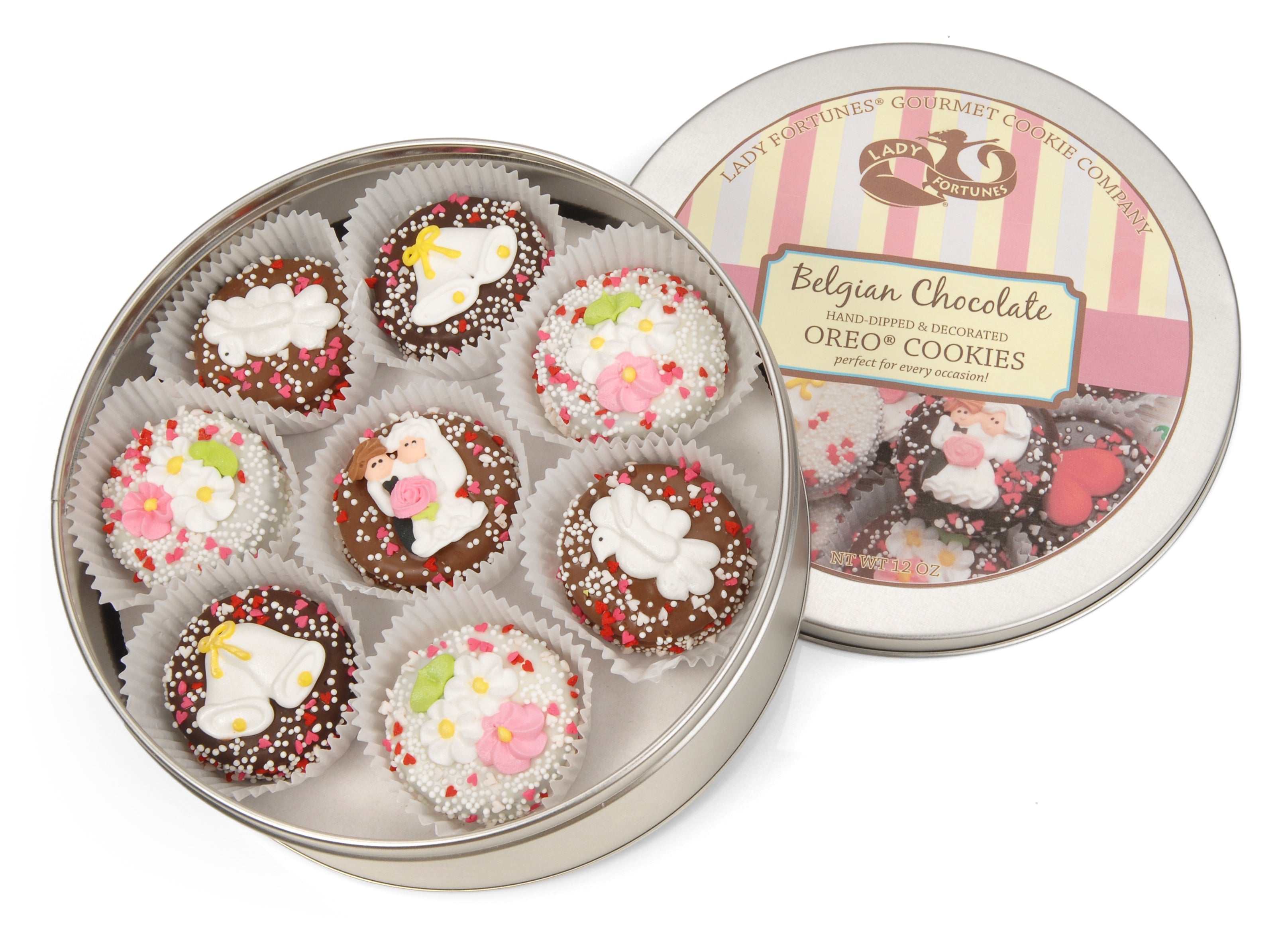 Wedding Hand Dipped & Decorated Sandwich Cookie- Tin of 16