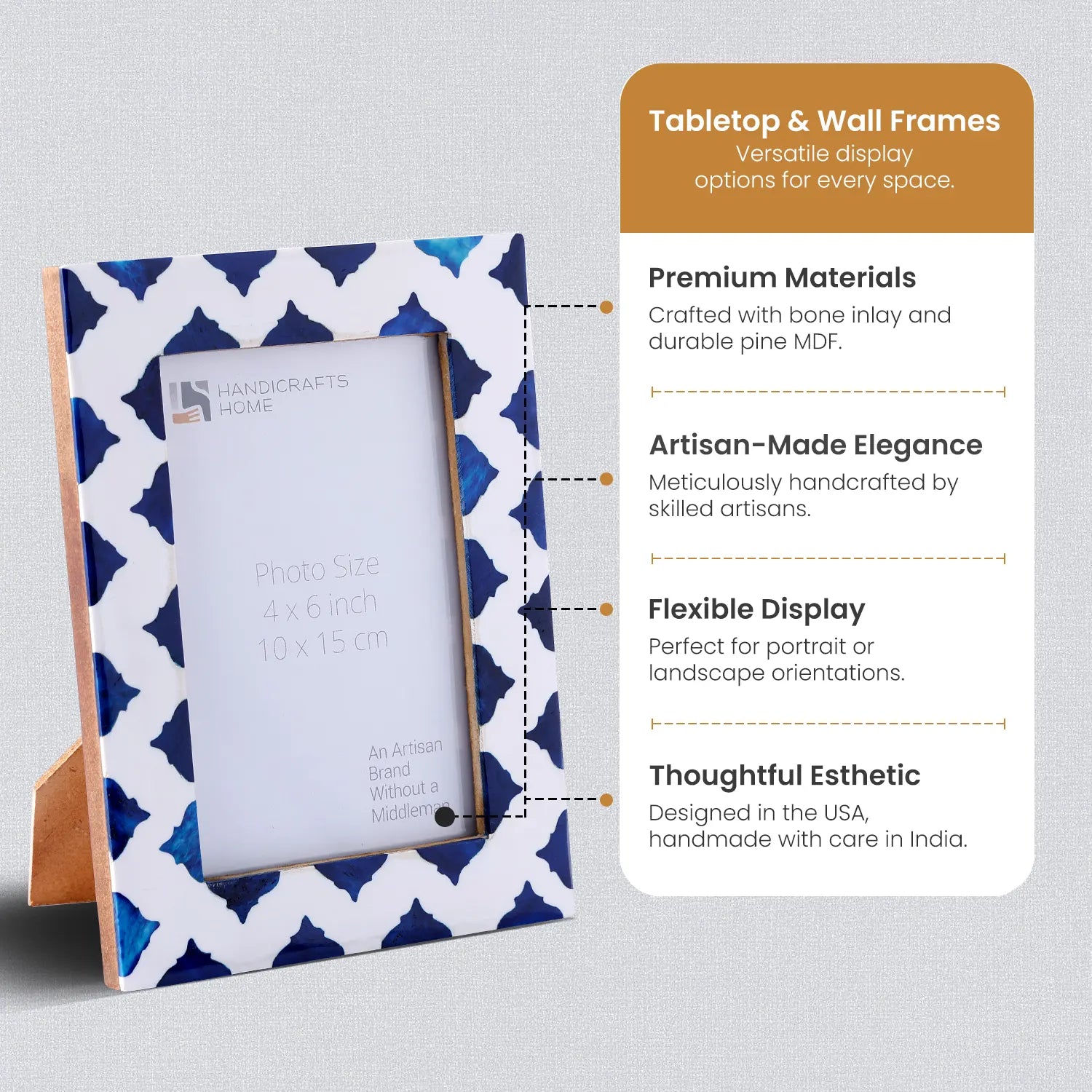 Picture Frame Indigo Pattern Collection Bone Resin Inlay White Blue 4x6