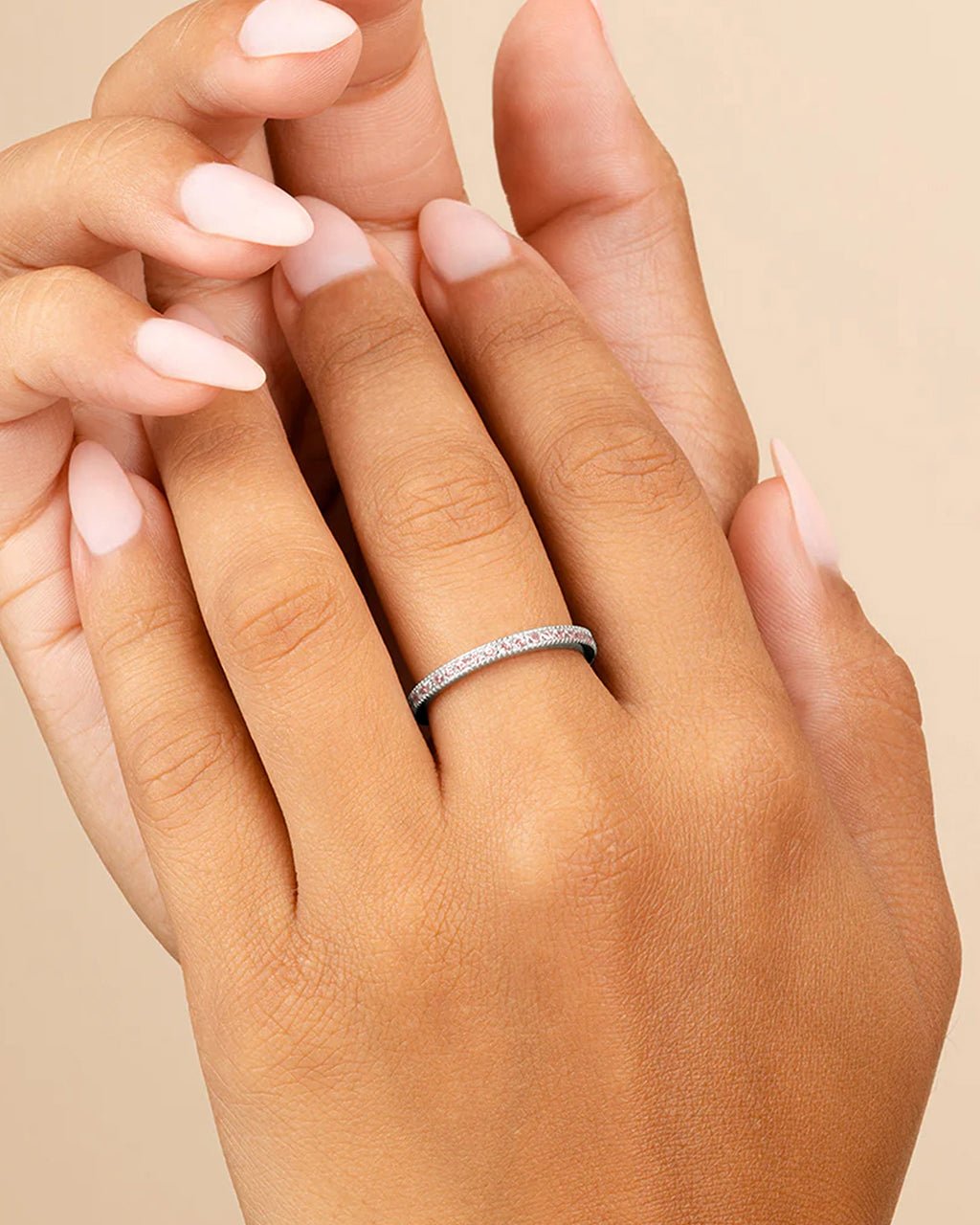 Sterling Silver 2.5mm Thin Pink CZ Band Ring