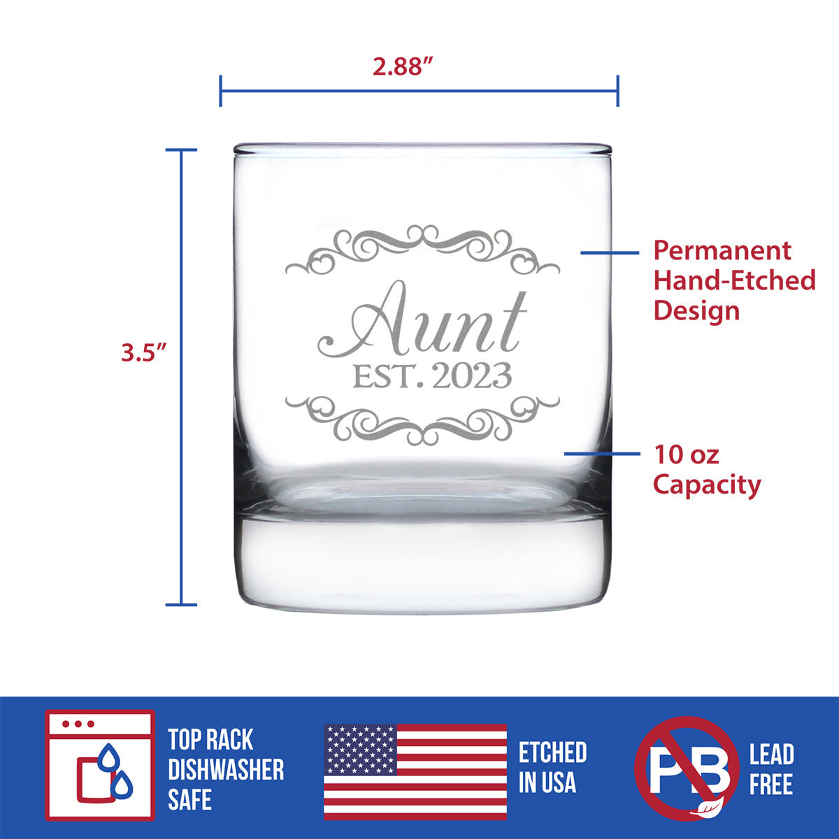 Aunt Est. 2023 -  Decorative - 10 Ounce Rocks Glass