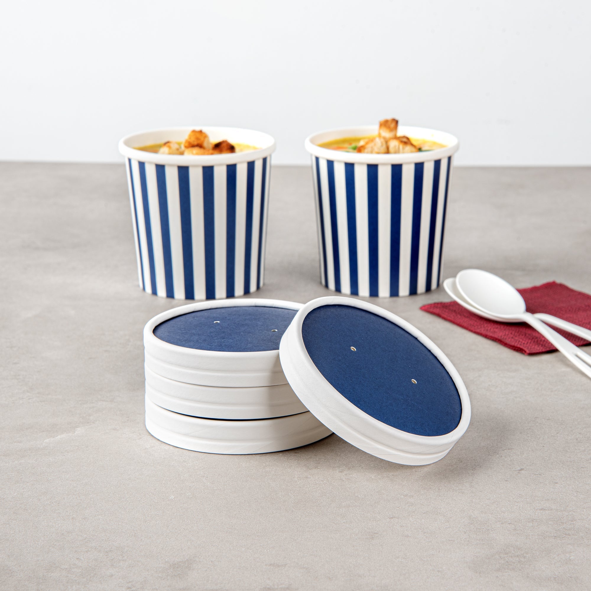 Bio Tek Round Blue and White Stripe Paper Soup Container Lid - Fits 12 oz - 200 count box