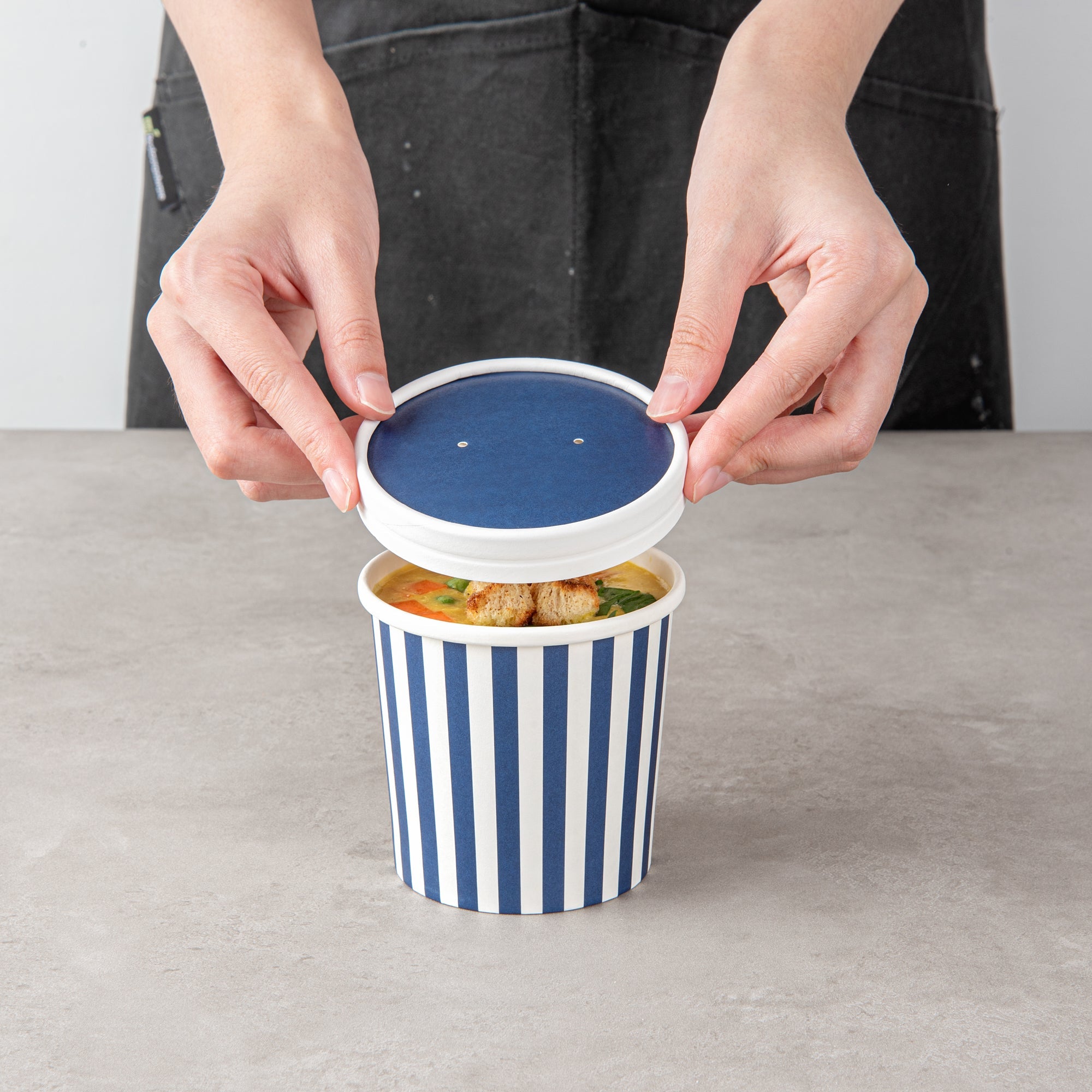 Bio Tek Round Blue and White Stripe Paper Soup Container Lid - Fits 12 oz - 200 count box