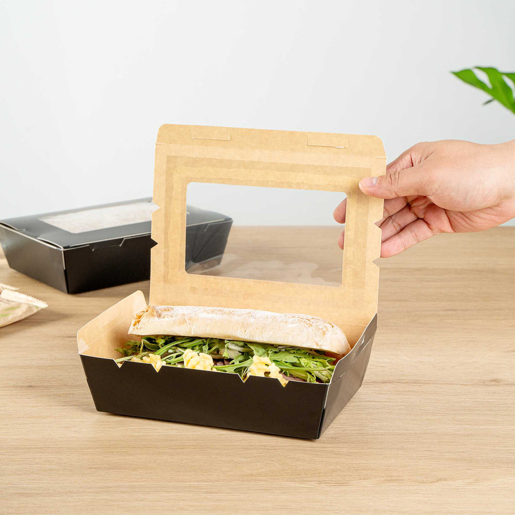 Cafe Vision 42 oz Black Paper Medium Take Out Container - Hinge Lock - 8" x 5 1/2" x 2" - 200 count box