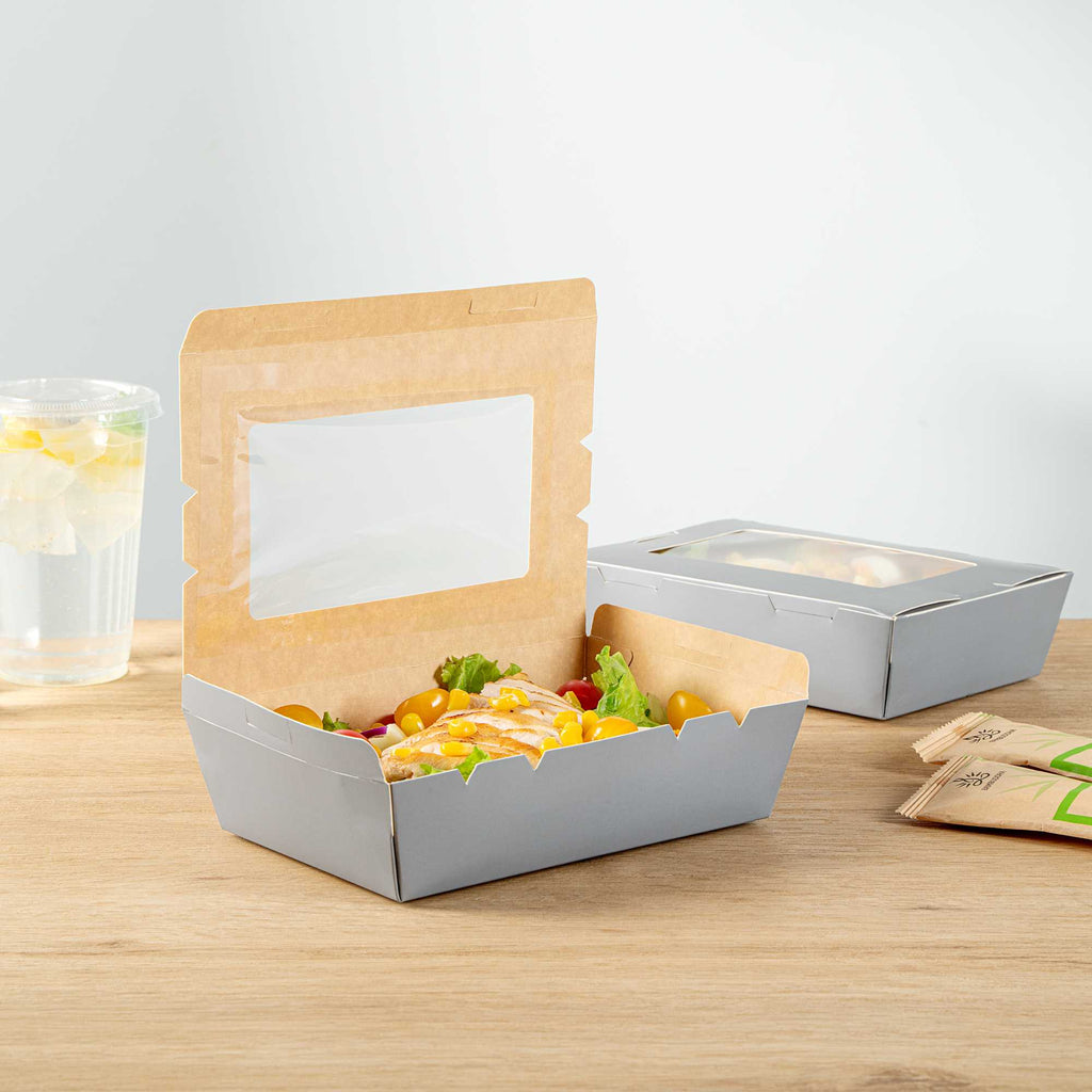 Cafe Vision 42 oz Gray Paper Take Out Container - Hinge Lock - 8" x 5 1/2" x 2" - 200 count box