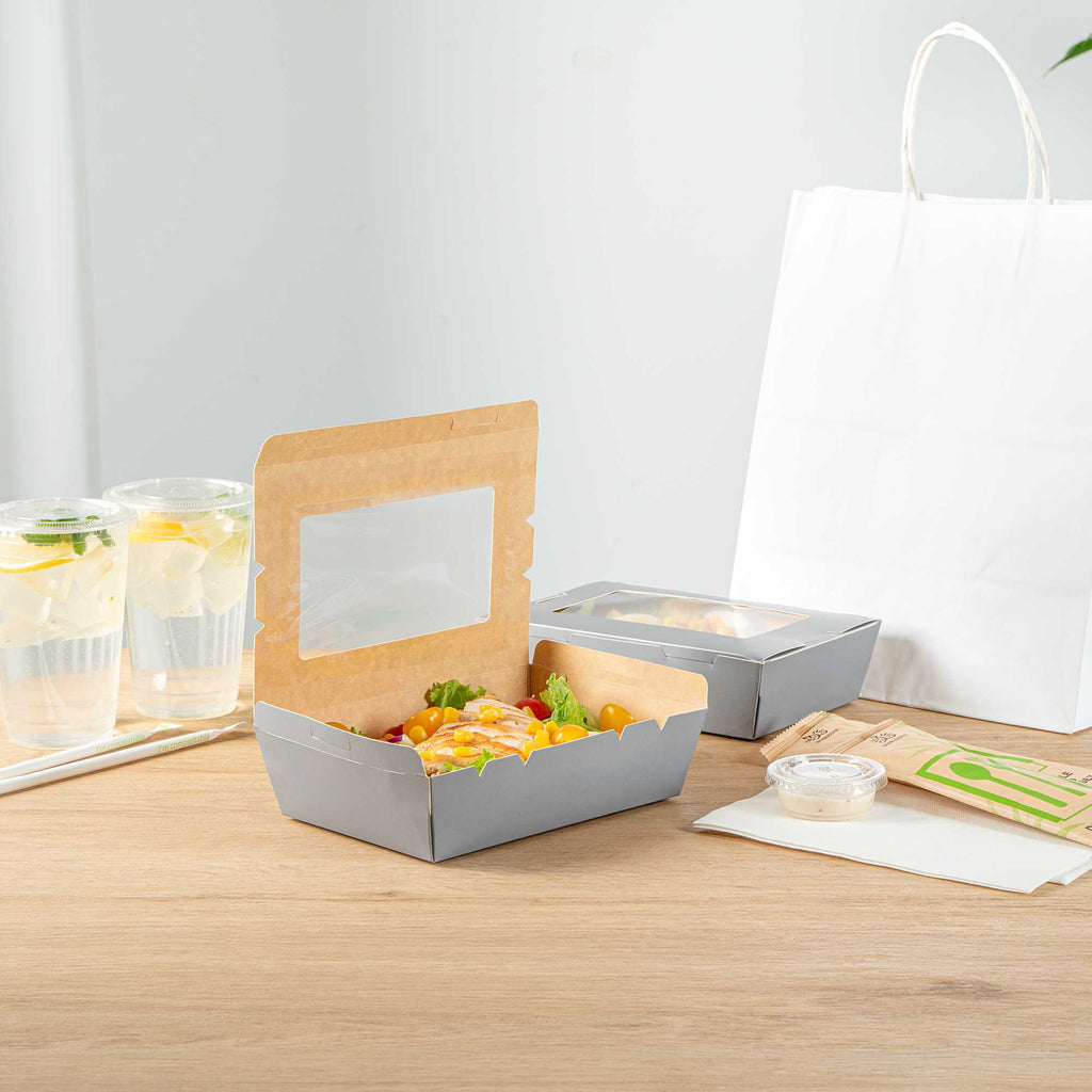 Cafe Vision 42 oz Gray Paper Take Out Container - Hinge Lock - 8" x 5 1/2" x 2" - 200 count box