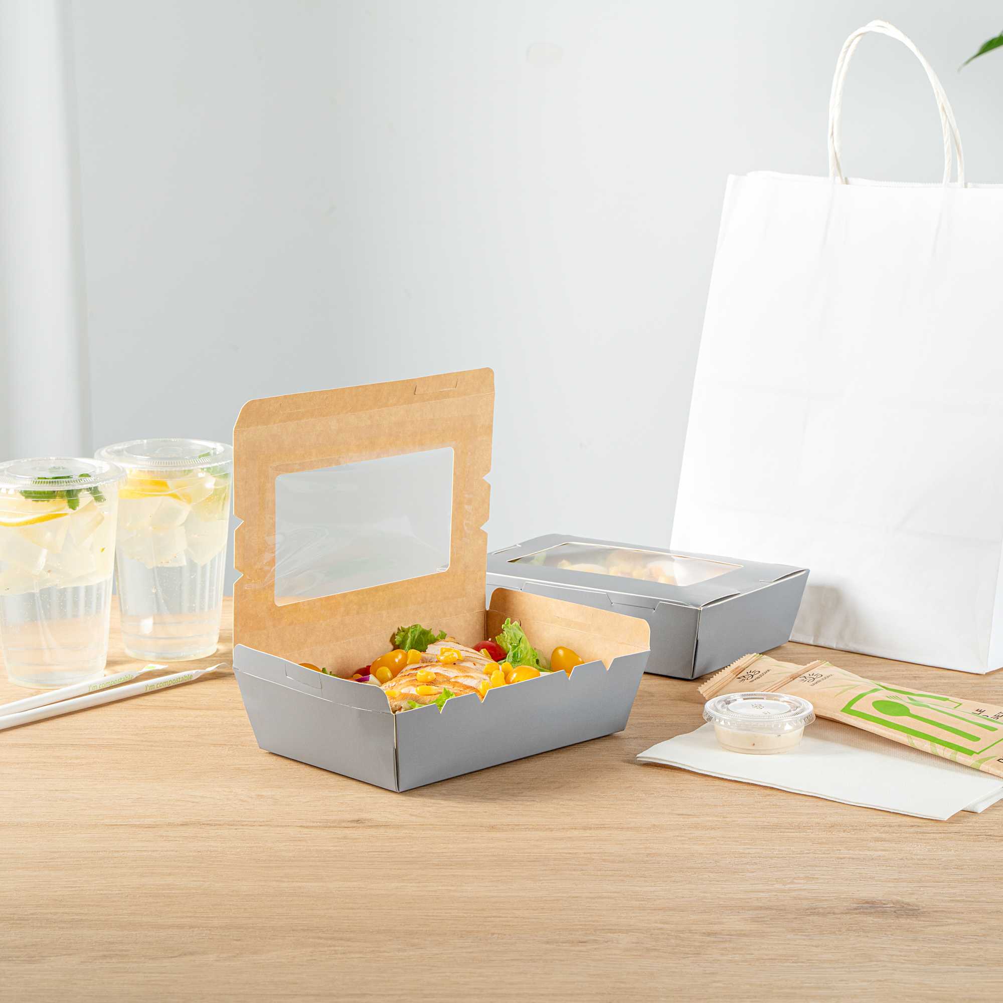 Cafe Vision 42 oz Gray Paper Take Out Container - Hinge Lock - 8" x 5 1/2" x 2" - 200 count box