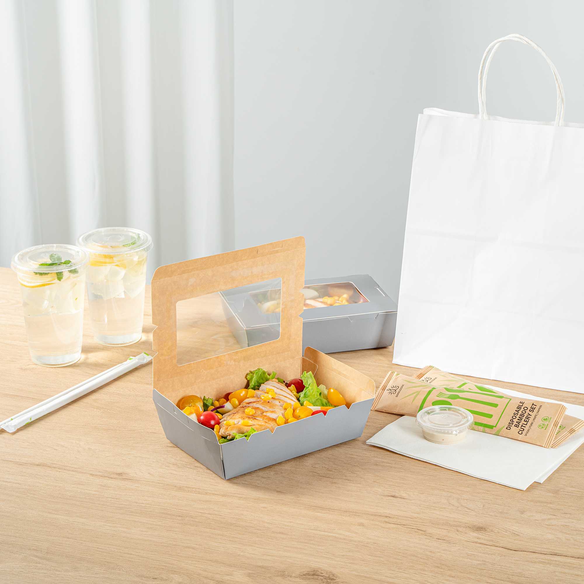 Cafe Vision 42 oz Gray Paper Take Out Container - Hinge Lock - 8" x 5 1/2" x 2" - 200 count box