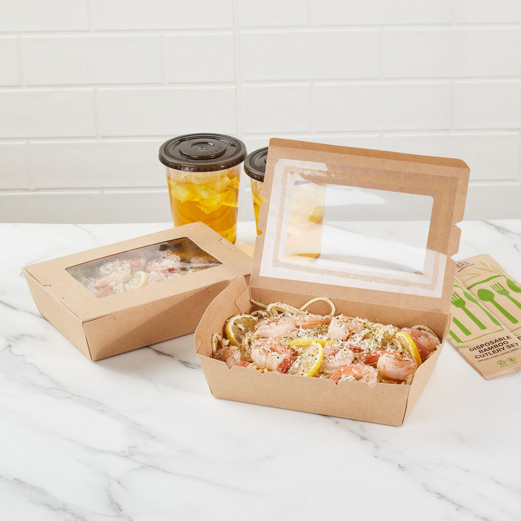 Cafe Vision 42 oz Kraft Paper Medium Take Out Container - Hinge Lock - 8'' x 5 1/2'' x 2'' - 200 count box
