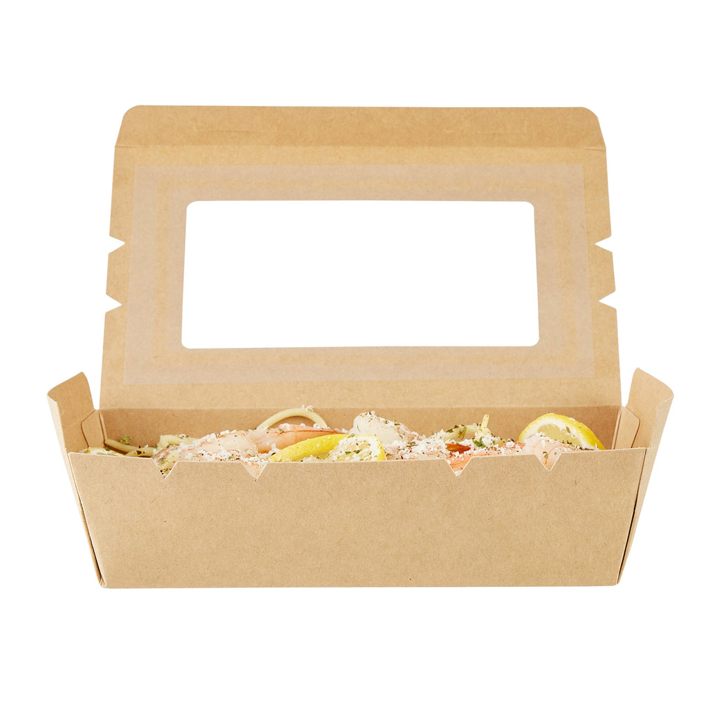 Cafe Vision 42 oz Kraft Paper Medium Take Out Container - Hinge Lock - 8'' x 5 1/2'' x 2'' - 200 count box