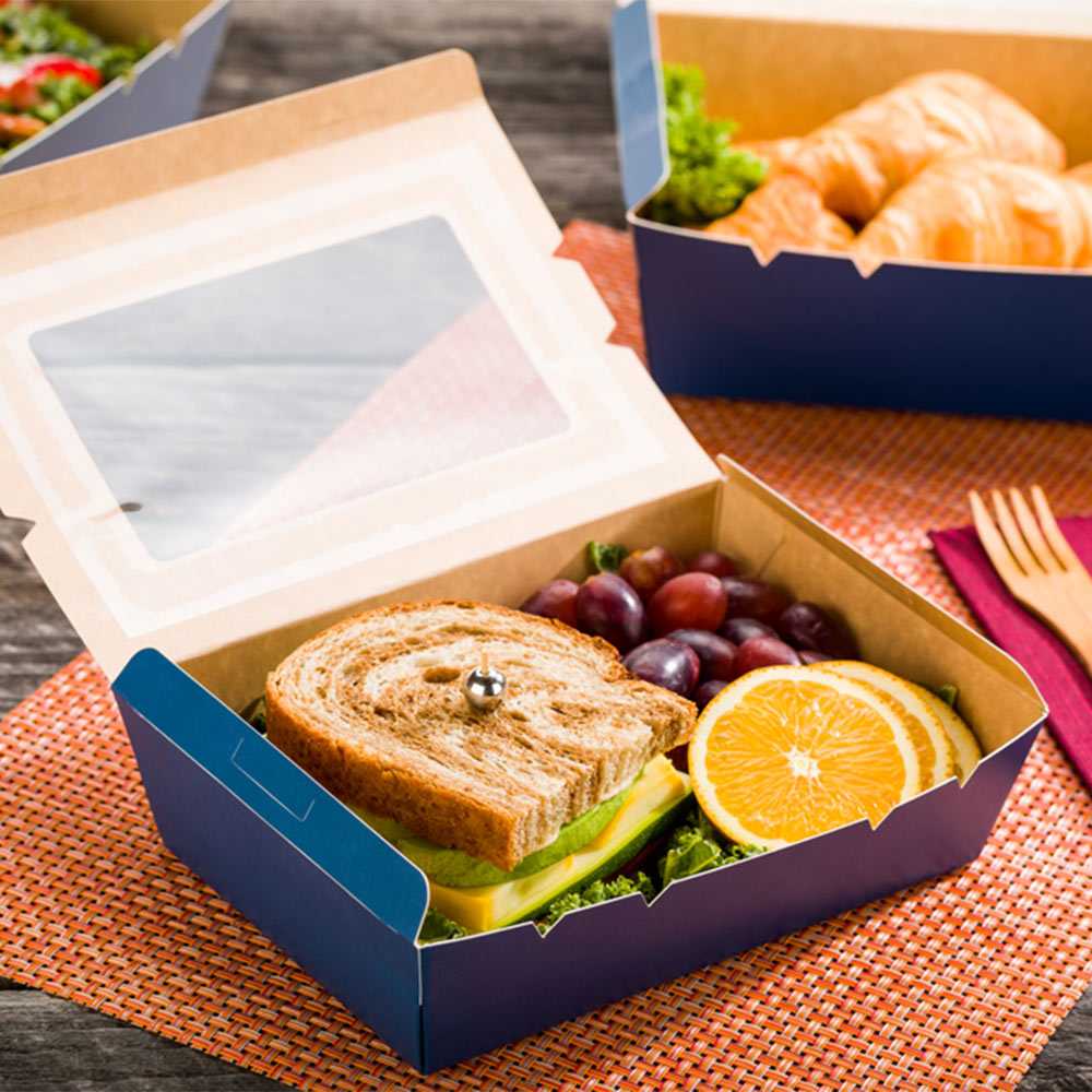 Cafe Vision 42 oz Midnight Blue Paper Medium Take Out Container - Hinge Lock - 8" x 5 1/2" x 2" - 200 count box