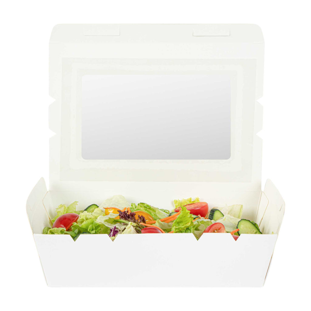 Cafe Vision 42 oz White Paper Medium Take Out Container - Hinge Lock - 8" x 5 1/2" x 2" - 200 count box