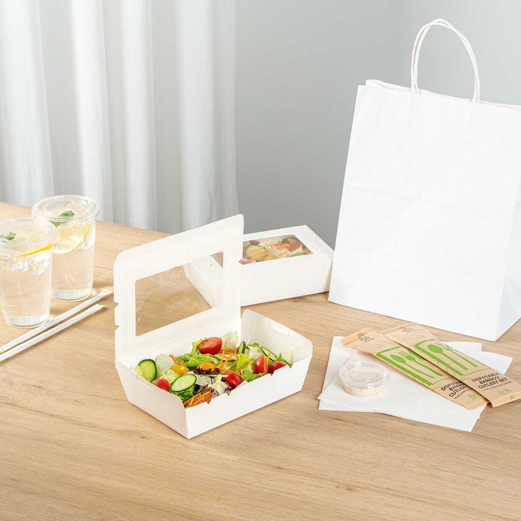 Cafe Vision 42 oz White Paper Medium Take Out Container - Hinge Lock - 8" x 5 1/2" x 2" - 200 count box