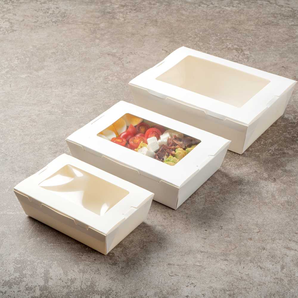 Cafe Vision 42 oz White Paper Medium Take Out Container - Hinge Lock - 8" x 5 1/2" x 2" - 200 count box