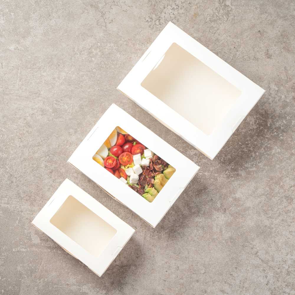 Cafe Vision 42 oz White Paper Medium Take Out Container - Hinge Lock - 8" x 5 1/2" x 2" - 200 count box