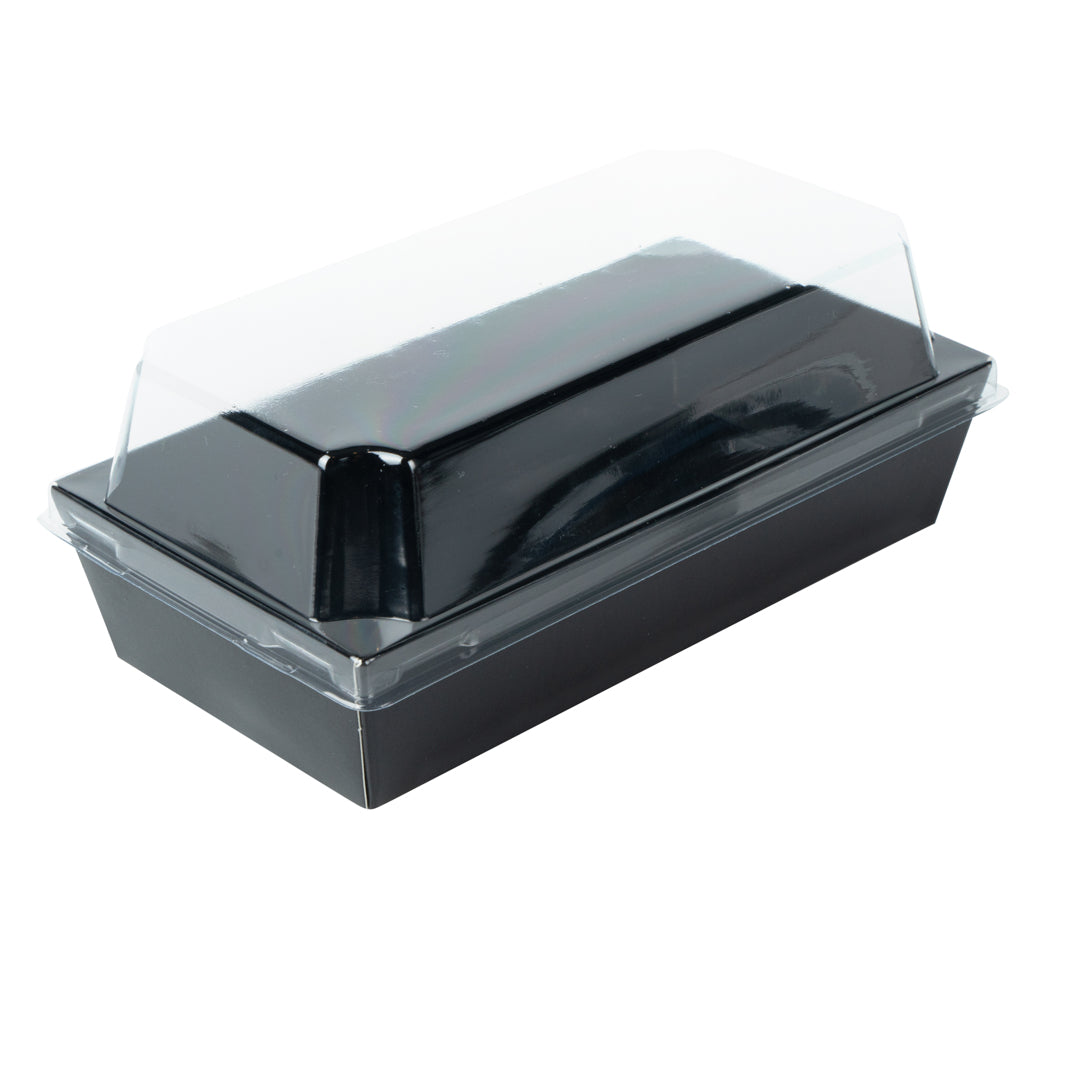 Matsuri Vision Rectangle Black Paper Medium Sushi Container - 5 1/2" x 2 3/4" x 1 1/2" - 100 count box