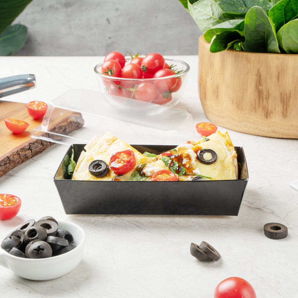 Matsuri Vision Rectangle Black Paper Medium Sushi Container - 5 1/2" x 2 3/4" x 1 1/2" - 100 count box