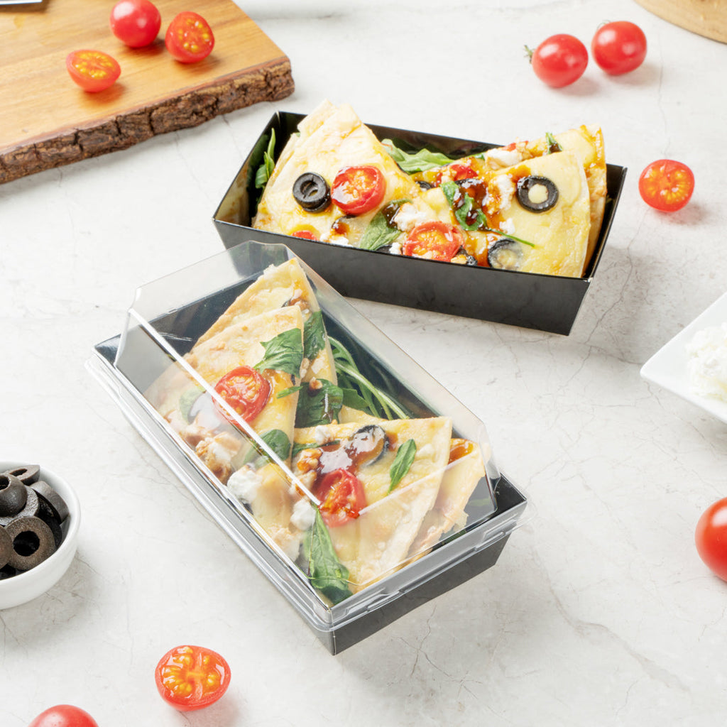Matsuri Vision Rectangle Black Paper Medium Sushi Container - 5 1/2" x 2 3/4" x 1 1/2" - 100 count box
