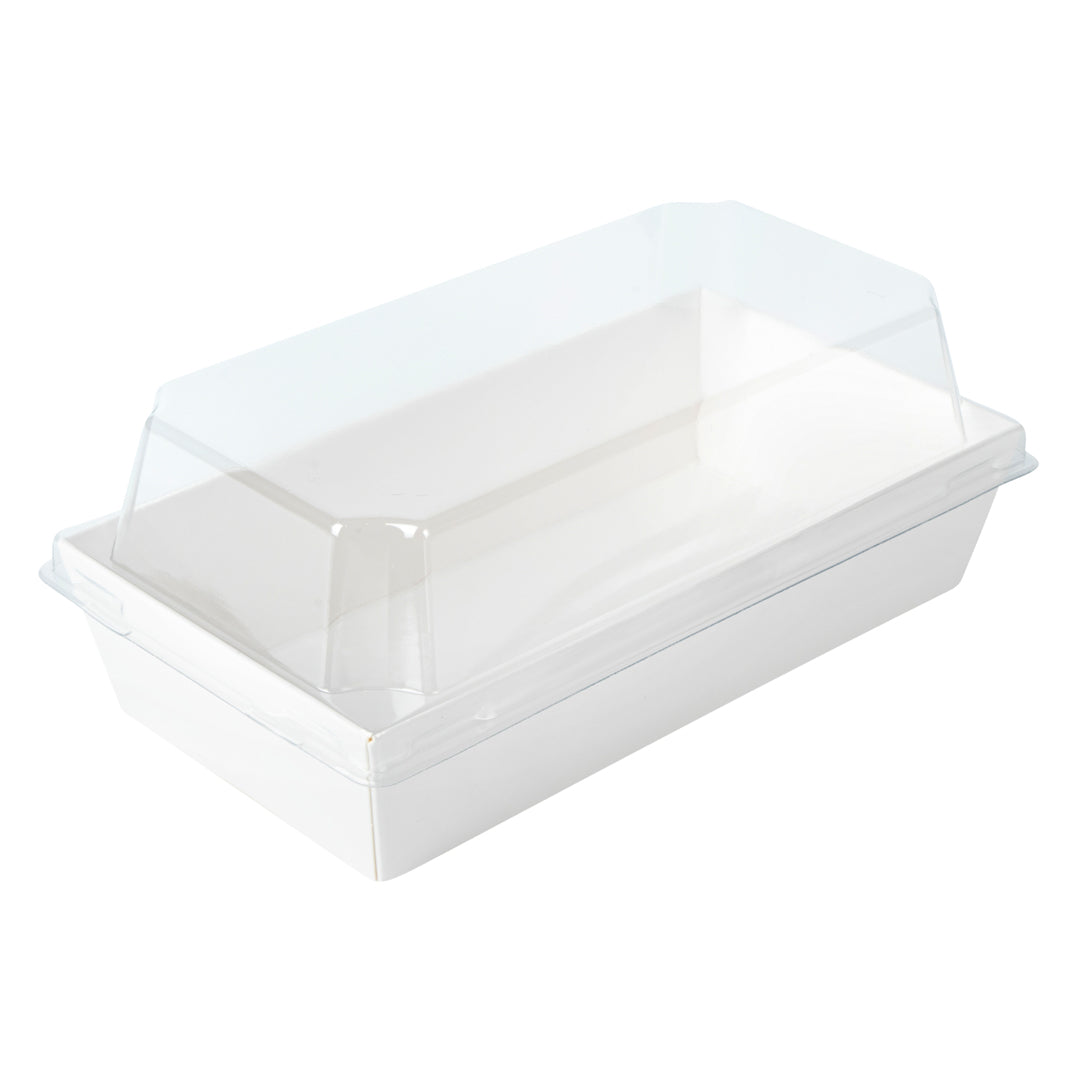 Matsuri Vision Rectangle White Paper Medium Sushi Container - 5 1/2" x 2 3/4" x 1 1/2" - 100 count box